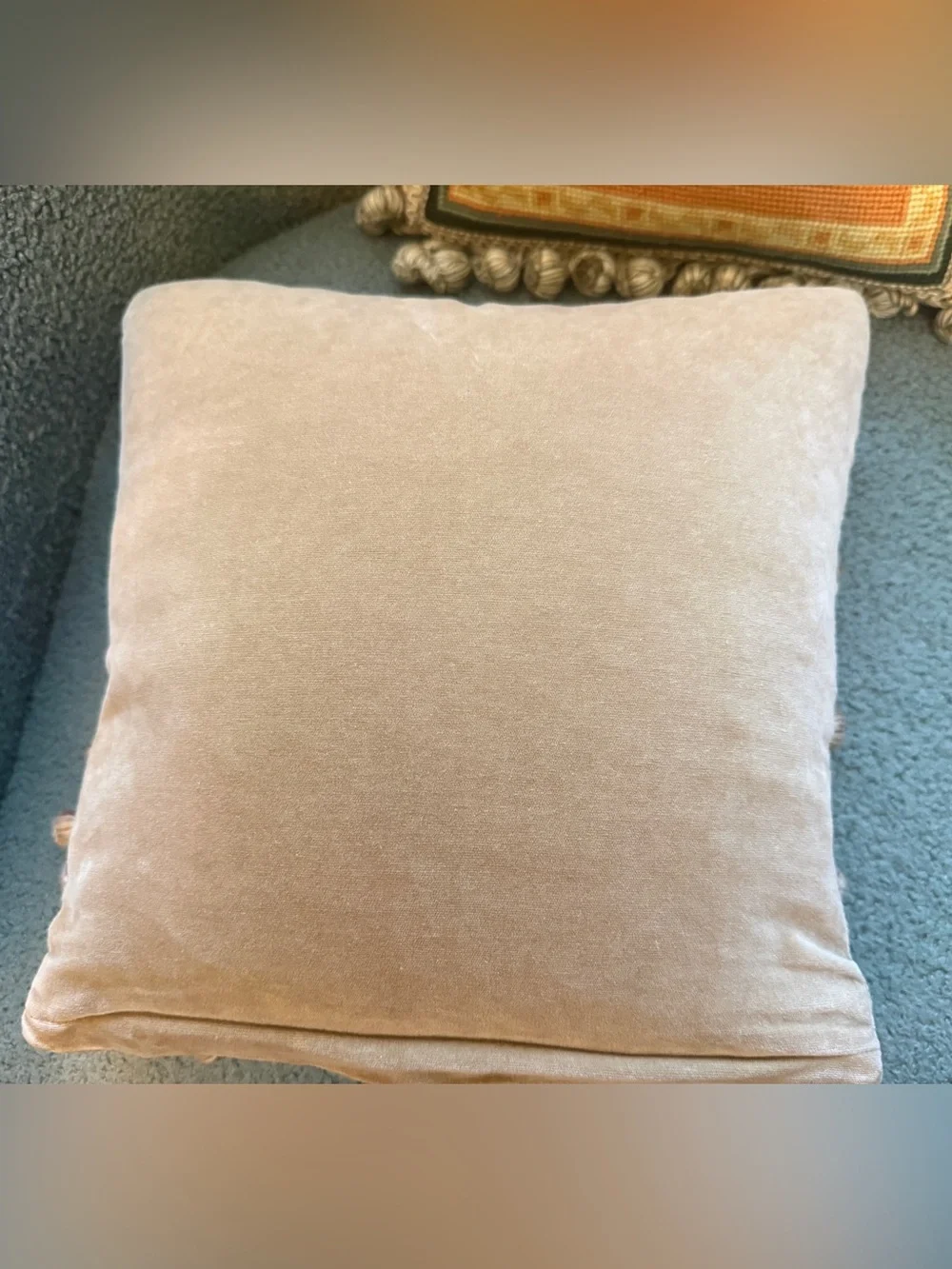 Pair Needlepoint Botanical Pillows Velvet Back Down Inserts with Tassel Trim
